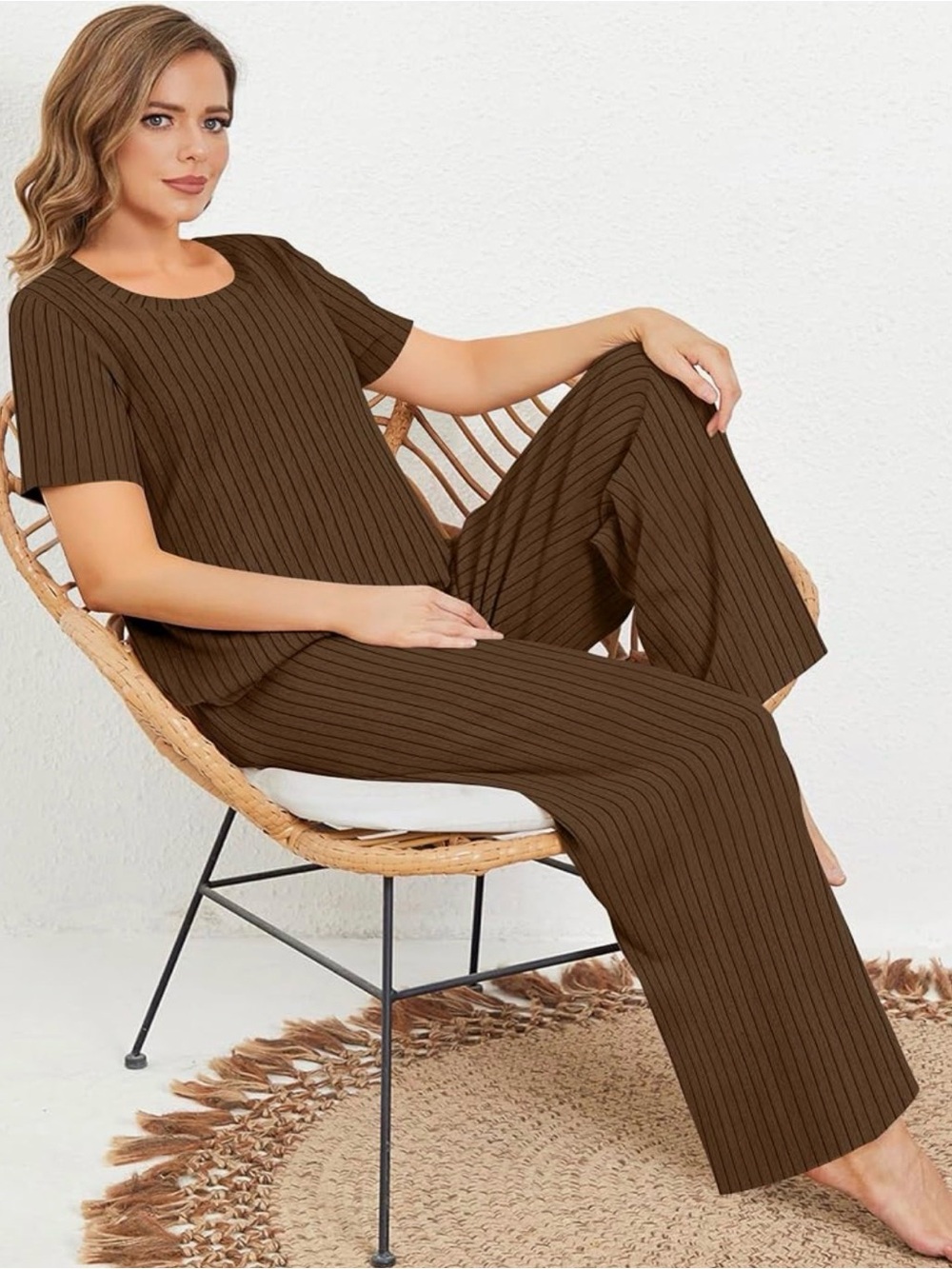 New! The “Cafe” Set Black and Brown Textured Pin Stripe Wide Leg Baby Tee Set